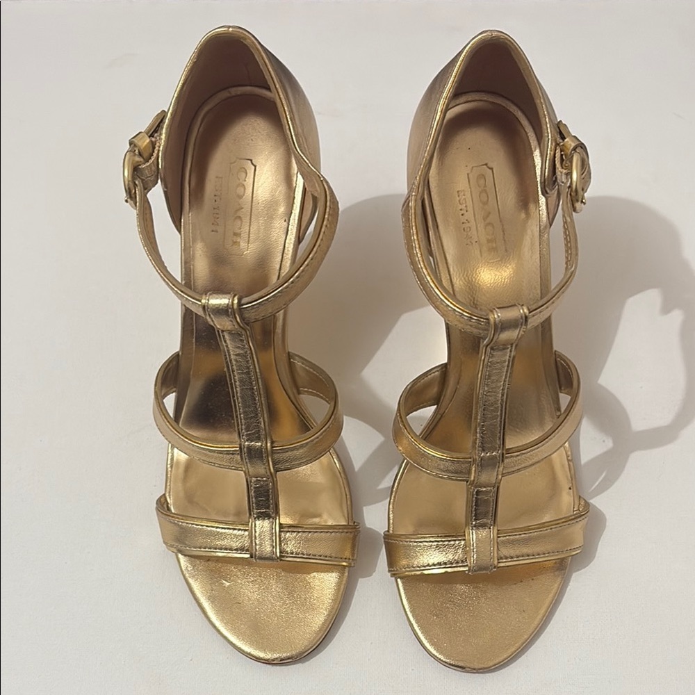 Coach Trixy Gold Metallic Strappy Wedge Sandals Size 6.5